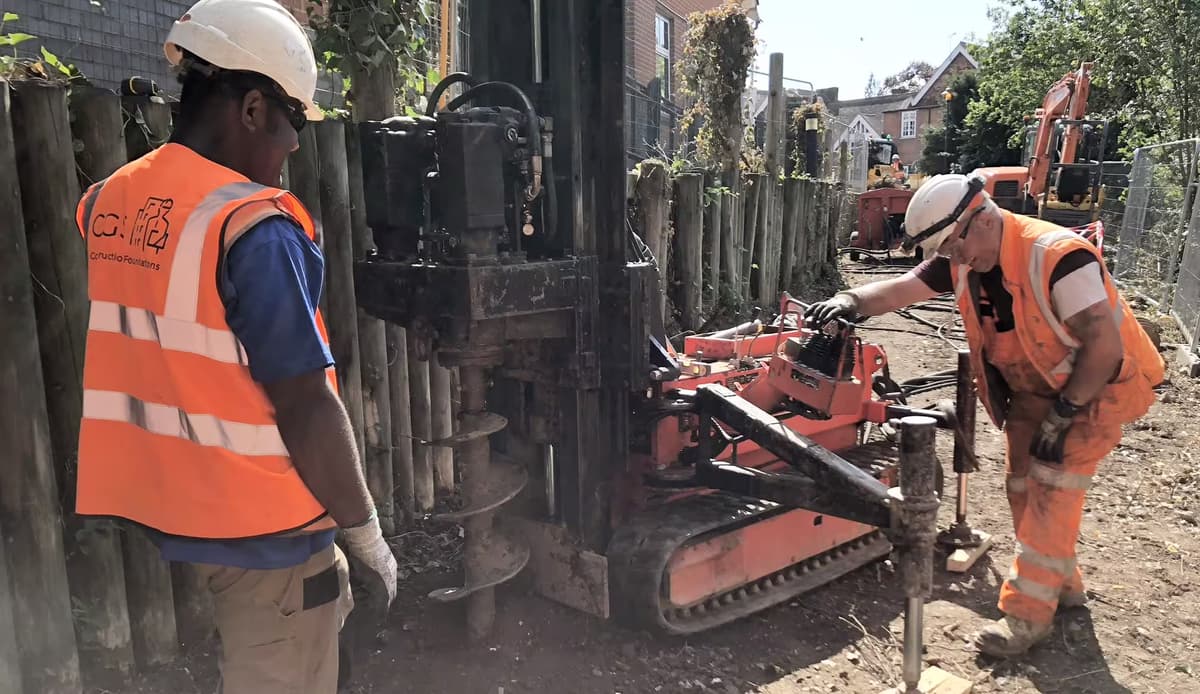 Helical screw piles being installed on a UK construction site